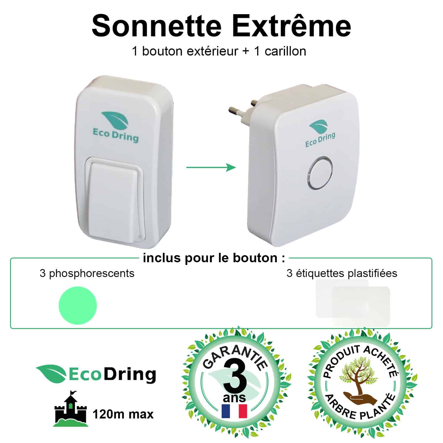 Sonnette sans fil - Extra fort - Portée 100m - Son et lumière